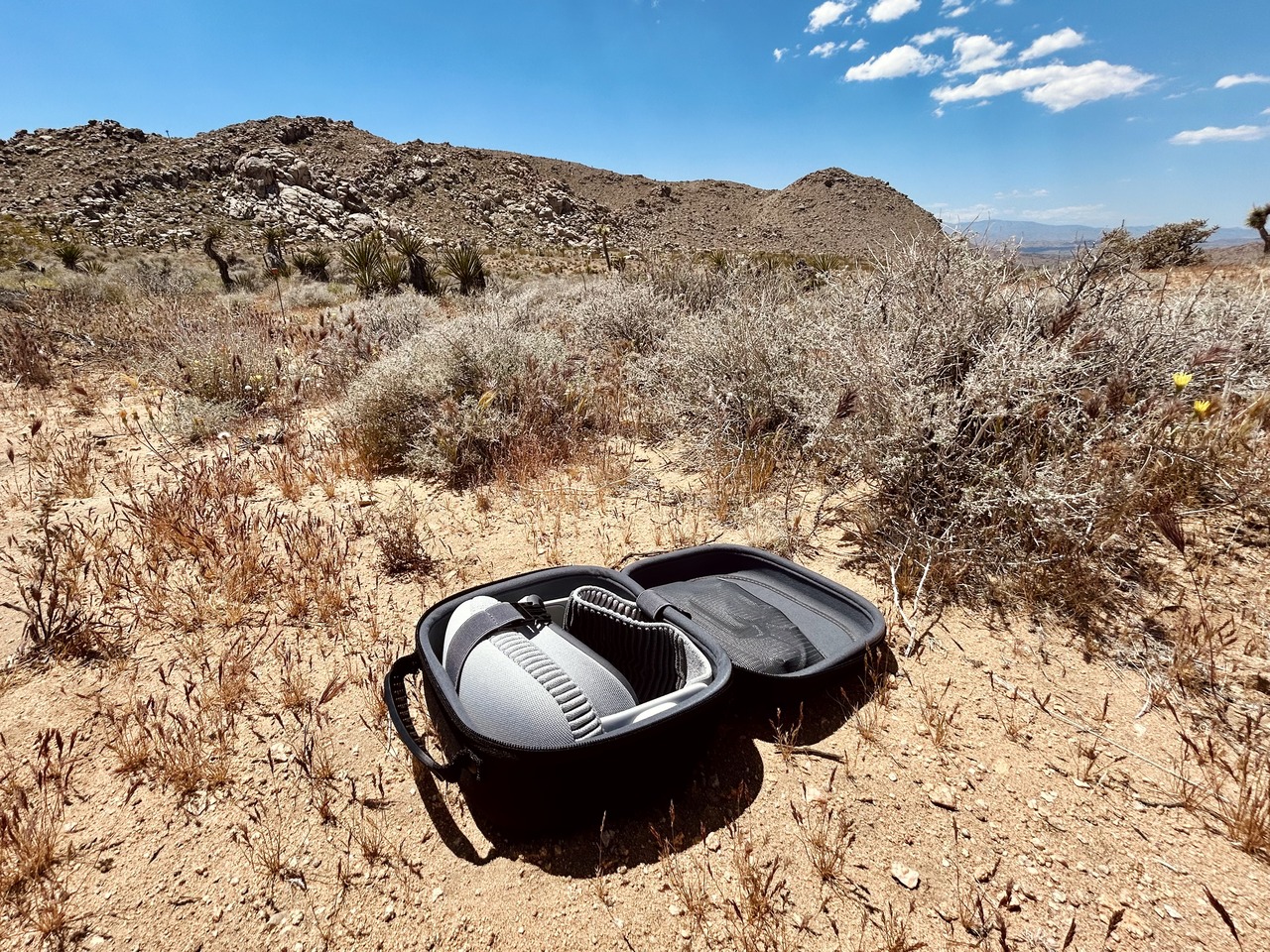 Apple Vision Pro in a case at Joshua Tree